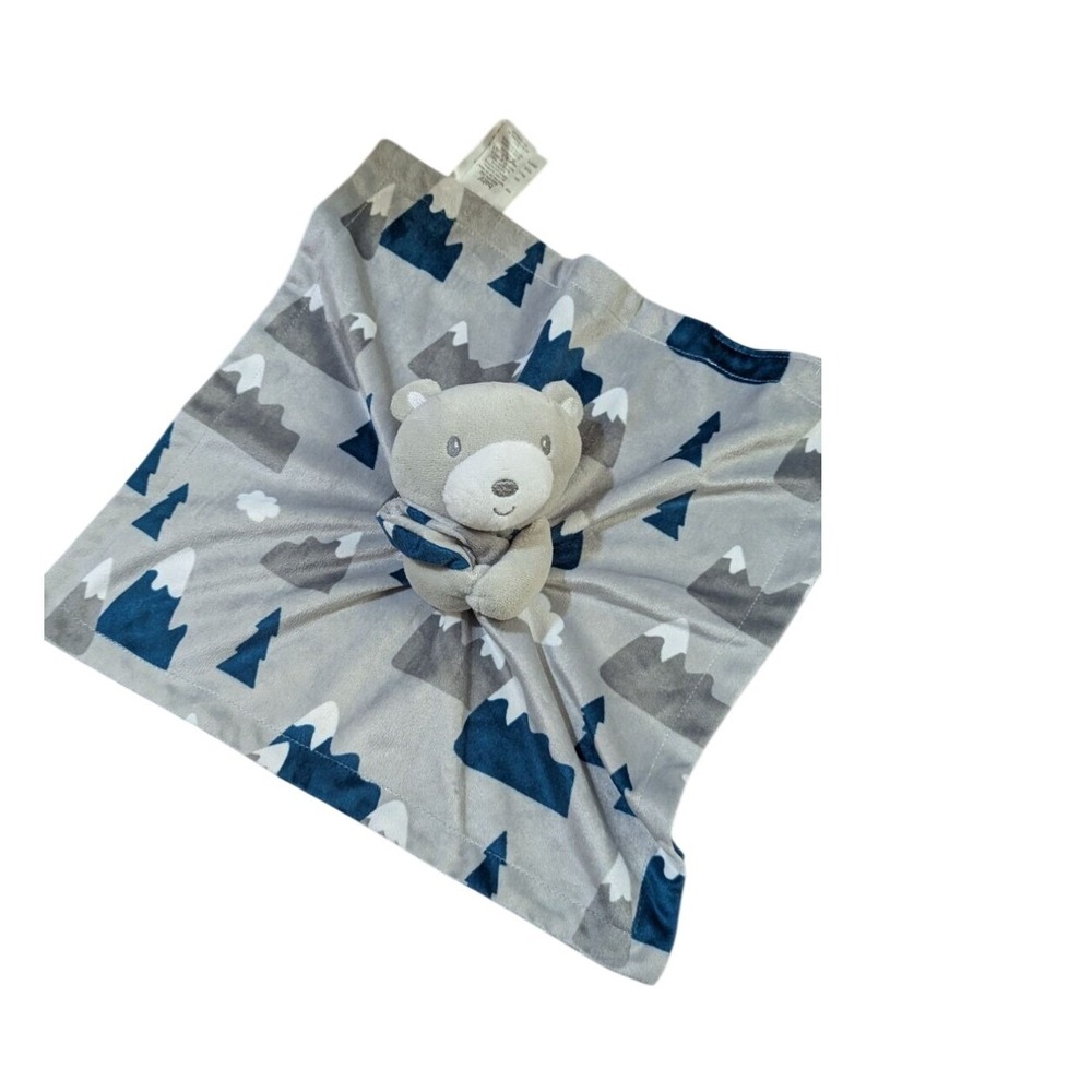 Baby Essentials Plush Bear Lovey Security Blanket 14x14" Gray & Blue With Mounta